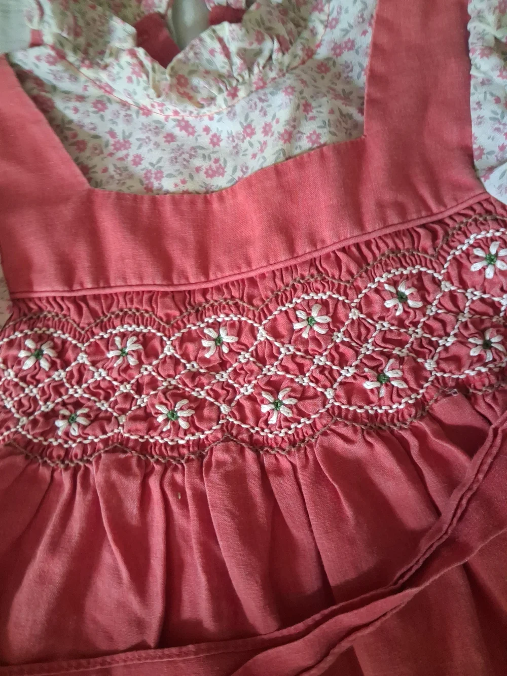 Vintage Polly Flinders Coral Pink Smocked Floral Puff-Sleeve Dress